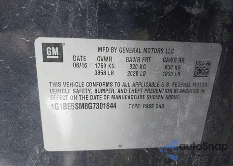 2016 Chevrolet Cruze Lt Auto из США, поврежденный, VIN 1G1BE5SM8G7301844